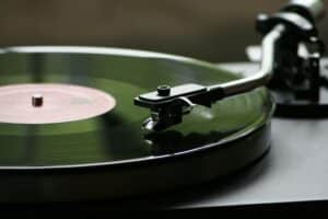 A vinyl record on a turntable.