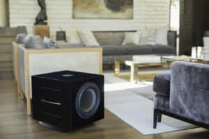 A black REL Acoustics subwoofer in a living room.