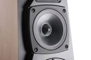 Close-up on a Vandersteen high-end audio speaker.