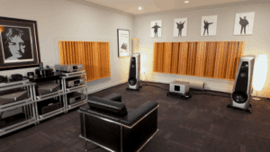 An image of HiFi Buys’ updated showroom featuring floor-standing speakers, acoustical treatments, and Beatles memorabilia.