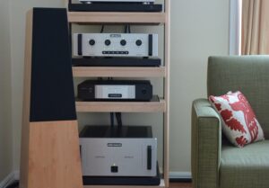 A Vandersteen hi-fi loudspeaker in a living room setting.