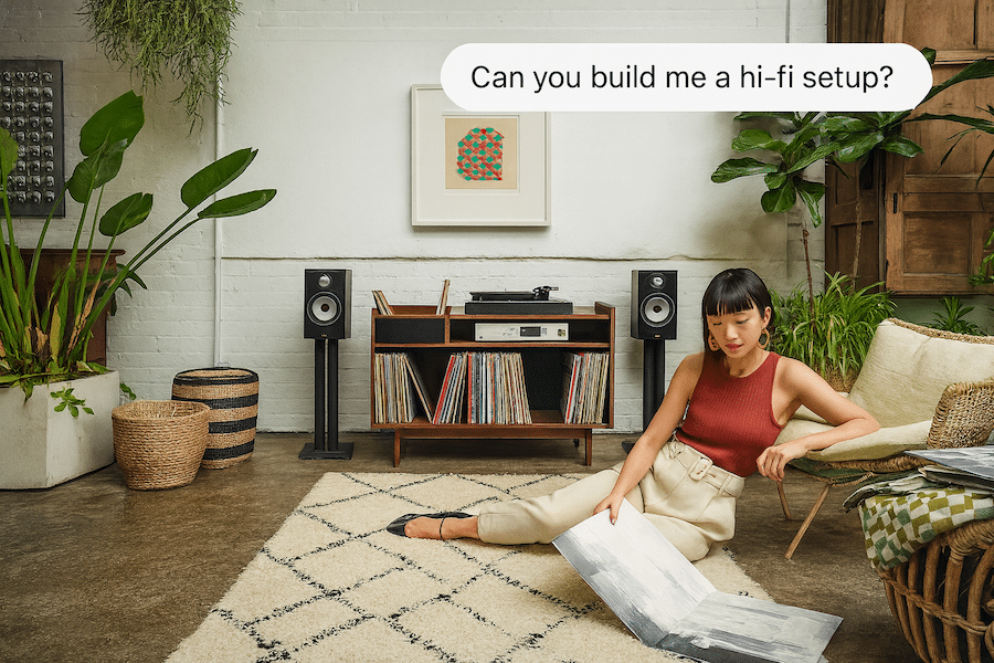A woman next to a Bowers & Wilkins hi-fi speaker. Above the woman is a ChatGPT chat bubble that reads, ‘Can you build me a hi-fi setup?’
