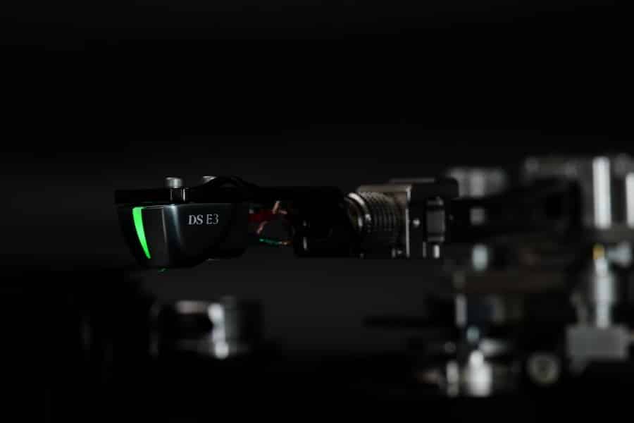 Close-up on the DS Audio E3 optical phono cartridge. 
