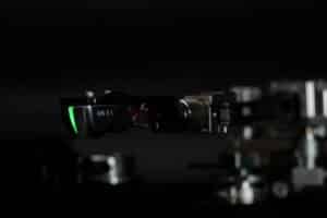Close-up on the DS Audio E3 optical phono cartridge.