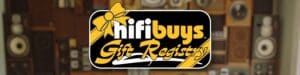 Text reads “HiFi Buys Gift Registry” over an image of hi-fi speakers.