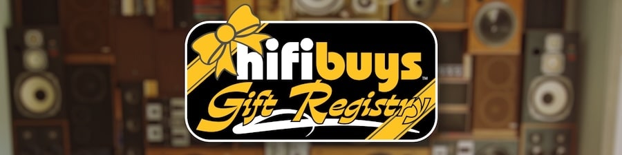 Text reads “HiFi Buys Gift Registry” over an image of hi-fi speakers.