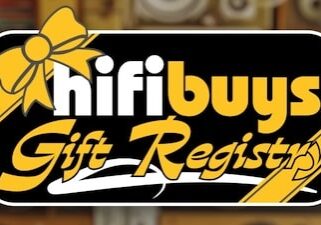Text reads “HiFi Buys Gift Registry” over an image of hi-fi speakers.